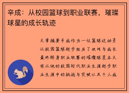 辛成：从校园篮球到职业联赛，璀璨球星的成长轨迹
